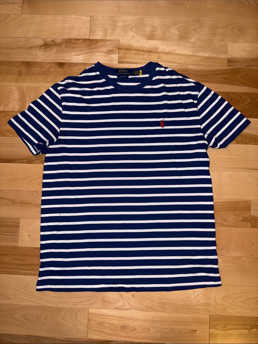 Polo by Ralph Lauren Navy & White Striped Crewneck Tee with Red Pony NWOT M